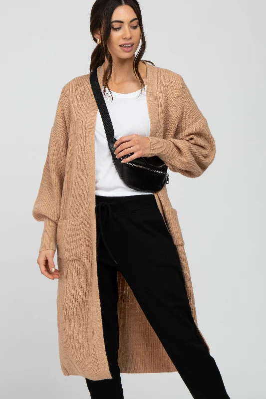 Taupe Bubble Sleeve Long Cardigan