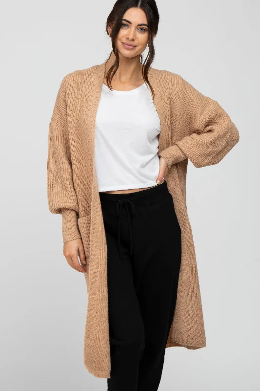 Taupe Bubble Sleeve Long Cardigan