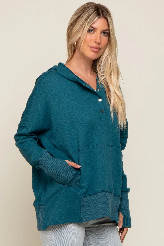 Teal Button Front Ribbed Trim Hooded Sweatshirt