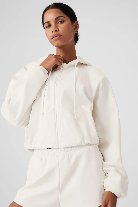 Faux Leather Power Hour Full Zip Cropped Jacket - Ivory